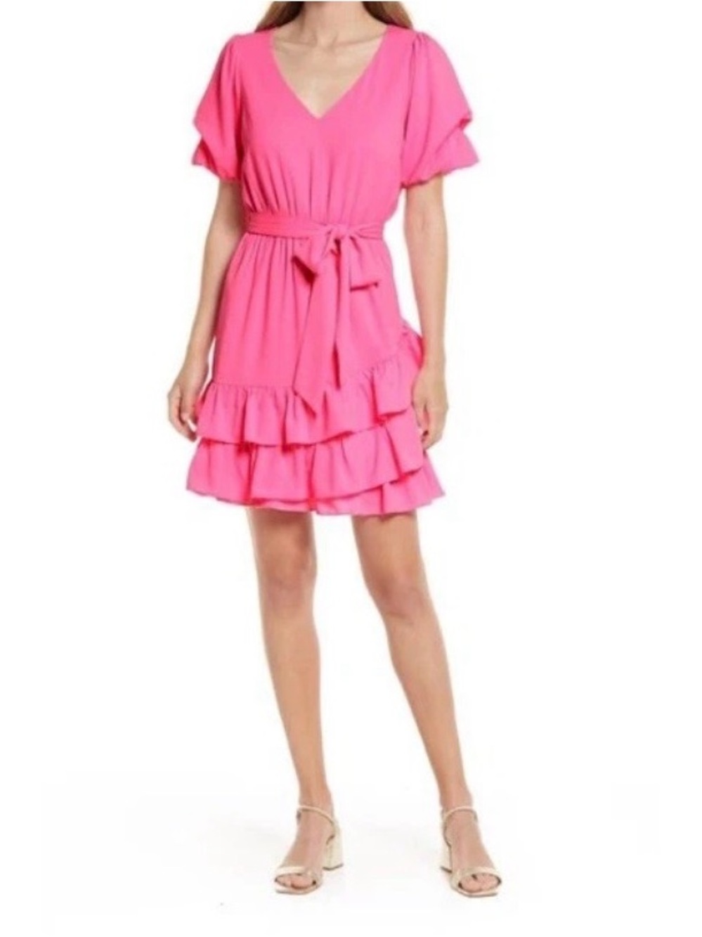 Lilly Pulitzer Hot Pink V-Neck Tie-Waist Ruffled Dress